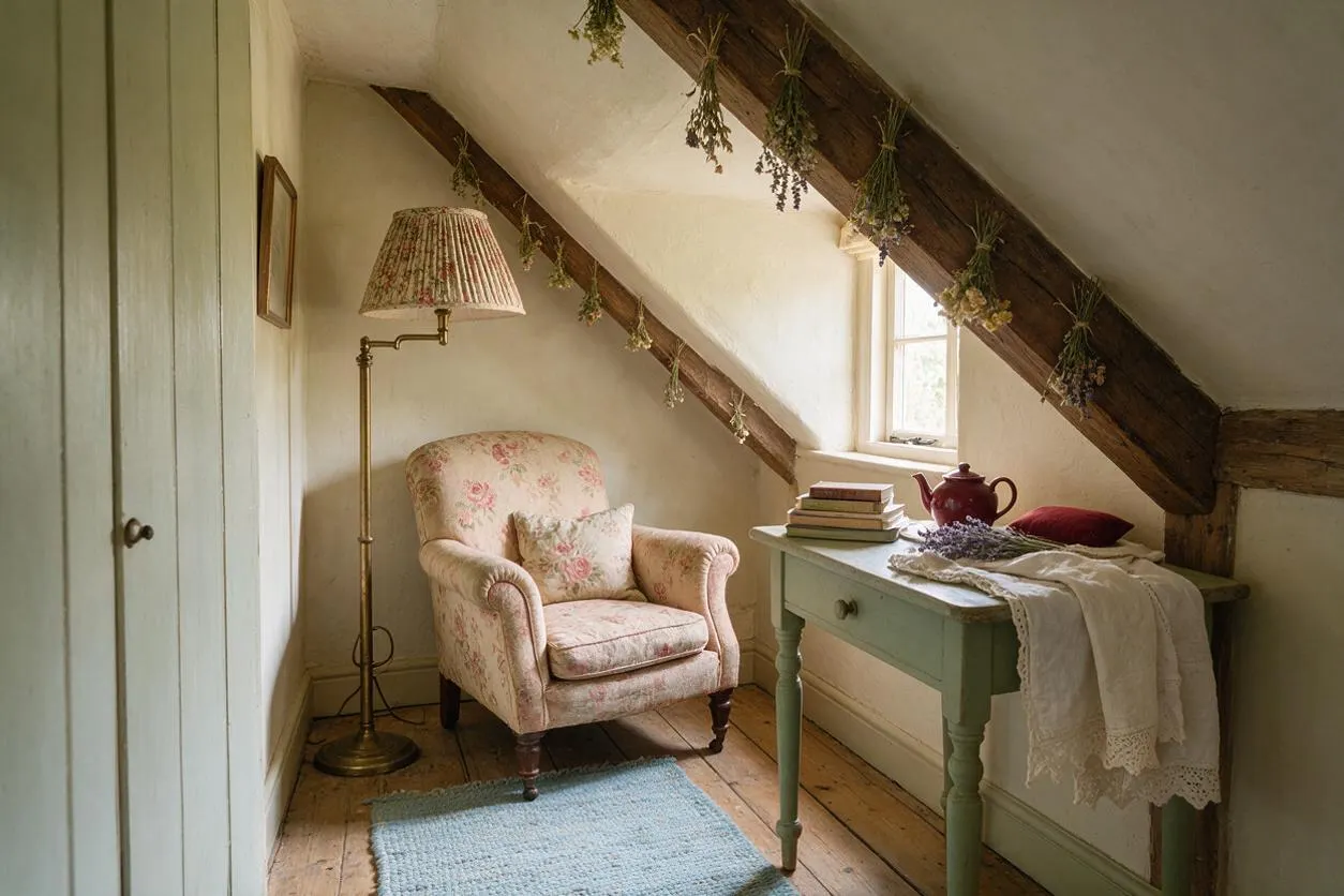 A small cottagecore living room nook with a floral armchair, brass floor lamp, and pale green side table beneath sloped ceilings with exposed dark wood beams. Dried greenery is strung along the beams, and soft natural light enters through a small window, creating a warm, rustic atmosphere.