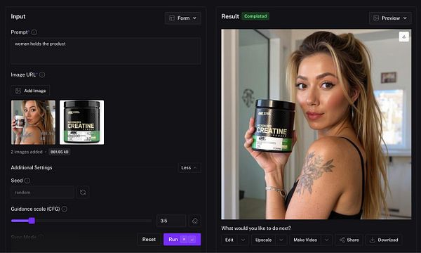 A woman is holding a container of creatine powder in a well-lit setting.