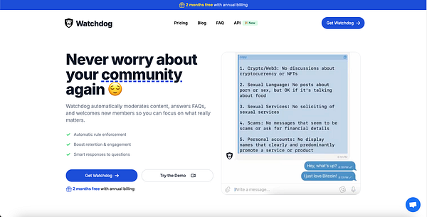 The image features a webpage for a service called Watchdog alongside a chat window displaying community guidelines.