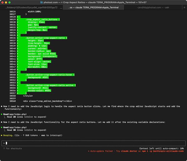 The image displays a terminal window showing code related to crop aspect ratios for a photo editing application.