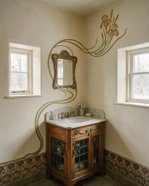 A small powder room features two side windows, cream plaster walls, and an ornate wooden vanity with a marble sink top. Decorative Art Nouveau floral lines and iris motifs sweep across the wall above an antique-style mirror, while matching floral tile trim runs along the lower walls.