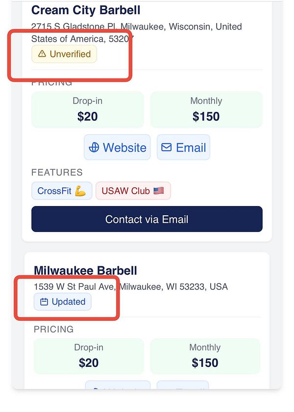 The image displays a user interface for gym listings, highlighting verification statuses and pricing details.
