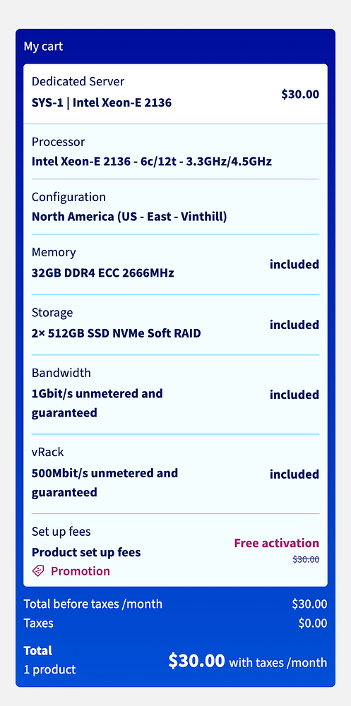 A promotional graphic for OVHcloud dedicated servers featuring discounted prices and service offerings.