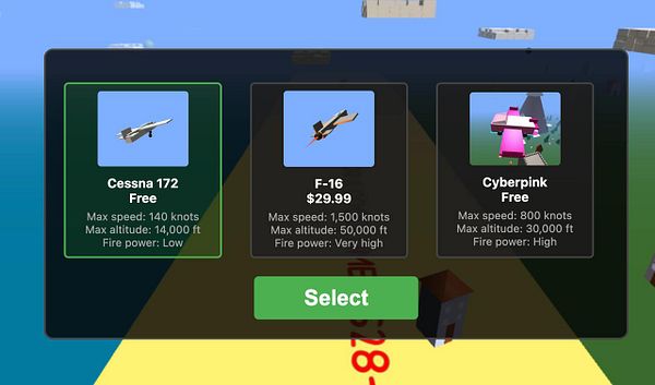 The image displays a selection screen for flying vehicles in a game, featuring three aircraft options.