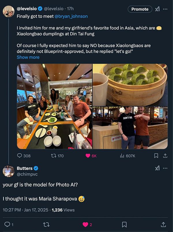 A group of friends enjoys a meal at a restaurant, featuring dumplings and drinks.