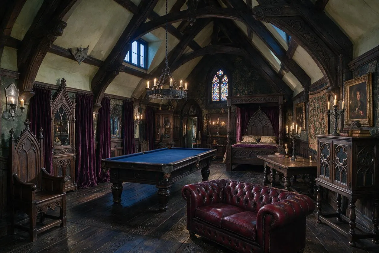 A dramatic Gothic-style game room with dark carved woodwork, pointed arches, and a vaulted timber ceiling. The space includes a blue-felt billiards table, a burgundy tufted leather sofa, heavy purple drapes, candle-style sconces, stained glass, and ornate antique-style furniture.