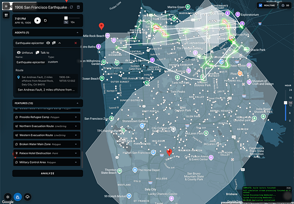 The image displays a detailed simulation map of the 1906 San Francisco earthquake, highlighting various features and routes.