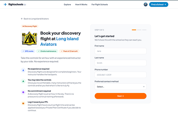 Screenshot of a flight school's discovery flight booking page featuring a banner with the school logo, page title, and tags positioned below the header.
