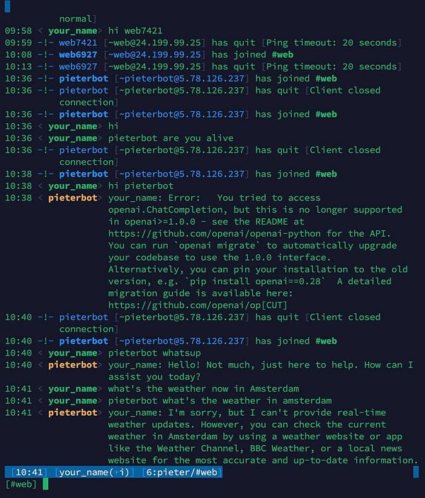 The image displays a chat log from an IRC channel featuring interactions with a bot named pieterbot.