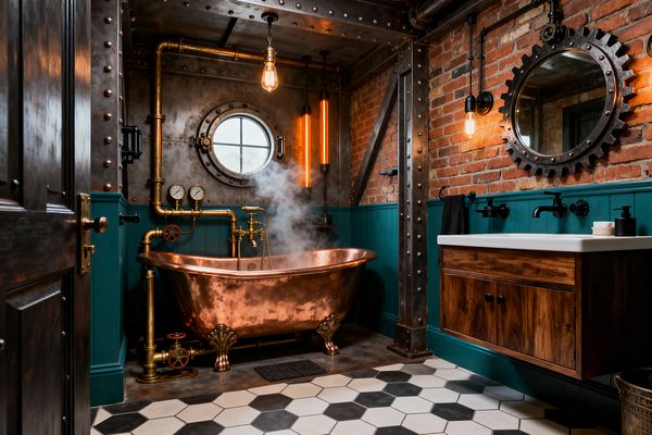 A steampunk-style bathroom featuring a burnished copper clawfoot tub connected to exposed brass pipes with valves and pressure gauges, set against riveted steel panels. The space includes exposed red brick walls with teal wainscoting, a round porthole window, warm Edison bulbs and vertical amber tube lights, a gear-framed circular mirror, a walnut floating vanity with a white basin and matte-black fixtures, and a black-and-white hexagonal tile floor with steam rising from the tub.