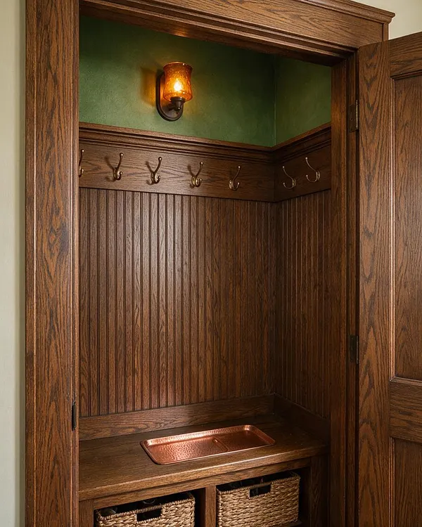 A small Craftsman-style closet with dark stained wood paneling, shaker-style trim, and a warm amber wall sconce above a copper sink. Brass hooks line the back wall, and woven baskets sit below the counter for storage.