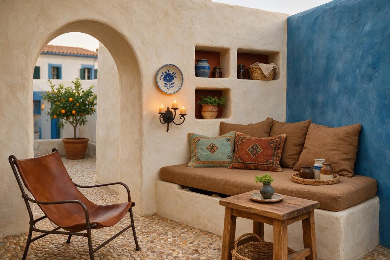 A Mediterranean-style backyard courtyard with white stucco walls, a cobalt blue accent wall, and a built-in cushioned bench with patterned pillows. An arched opening frames a potted citrus tree, while a leather sling chair, rustic wood table, wall niches, and candle sconces add warmth.