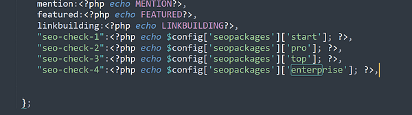 The image displays a snippet of PHP code related to SEO package selection logic.