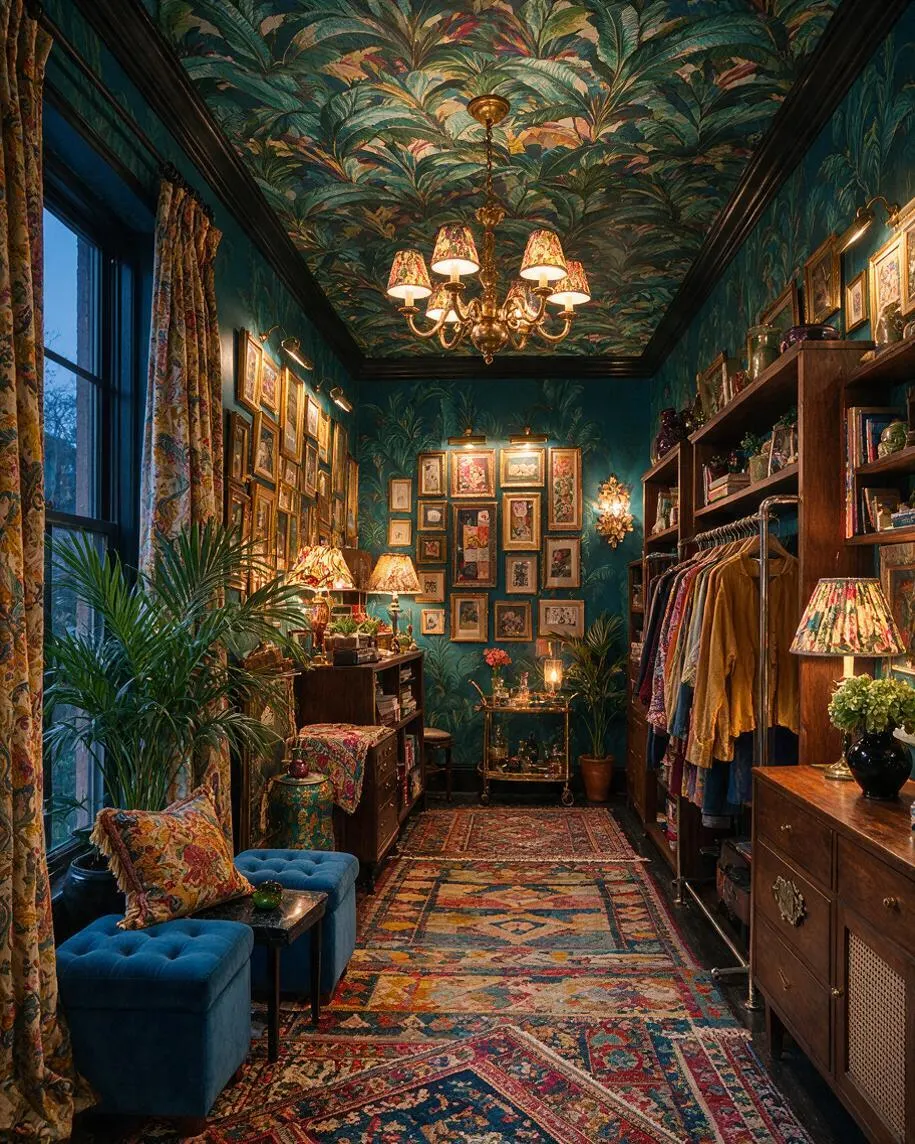 A narrow walk-in closet styled in maximalist fashion with teal palm-print wallpaper and a matching patterned ceiling. The room features wooden shelving, framed artwork, a brass chandelier, colorful rugs, potted plants, blue velvet ottomans, and clothing displayed along the right wall.