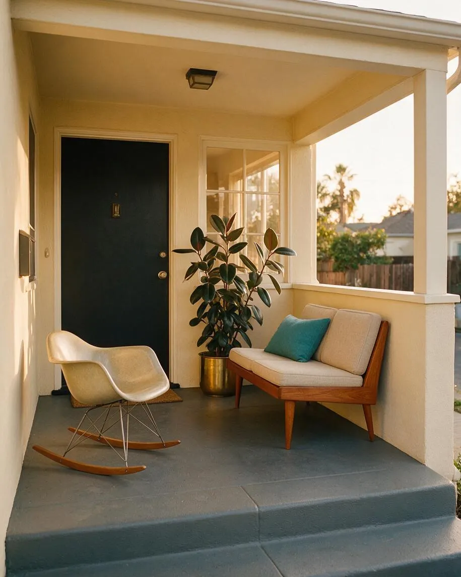 A small covered front porch with a matte black front door, cream exterior walls, and a gray floor. Mid-century modern furnishings include a molded rocking chair with wood rockers and a teak bench with beige cushions and a teal accent pillow, plus a potted plant in a brass planter.