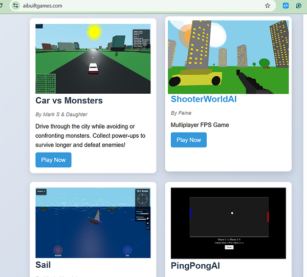 The image displays a webpage featuring various games with their descriptions and play buttons.