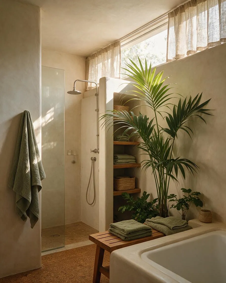 A serene master bathroom with plaster walls, a glass shower enclosure, and a built-in plant alcove filled with lush greenery. Soft daylight filters through sheer curtains over a high window, illuminating a wooden bench, folded green towels, and natural textured finishes.