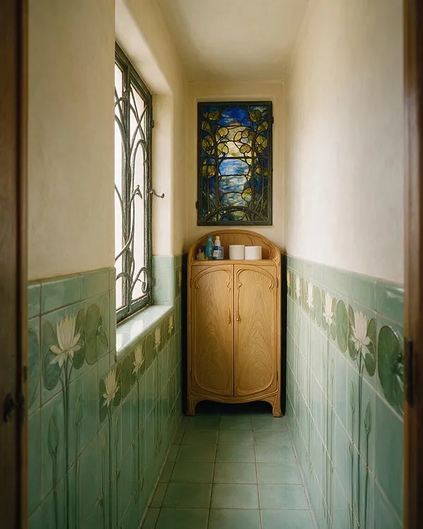 A narrow powder room with pale green floral wall tiles, a matching tiled floor, and cream walls above the tile line. A tall stained-glass window with blue and green botanical motifs adds color at the far end, while a curved light-wood cabinet sits beneath it. An ornate metal window on the left reinforces the Art Nouveau style.
