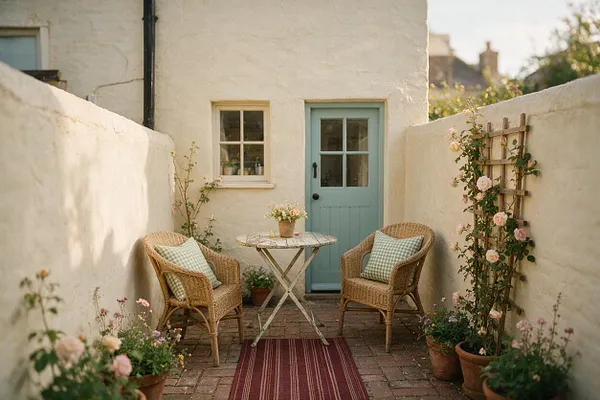 A narrow cottage-style patio with cream plaster walls, a pale blue door, and a small round table centered between two wicker chairs. Potted flowers, a striped outdoor runner, and a wooden trellis with climbing roses create a soft, romantic garden feel.