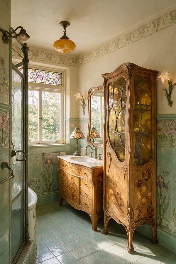 A vintage-inspired master bathroom with a carved wooden vanity and matching tall cabinet featuring amber stained glass and floral inlays. The room has mint-green tile wainscoting, botanical wall borders, a stained-glass window, and warm natural light.