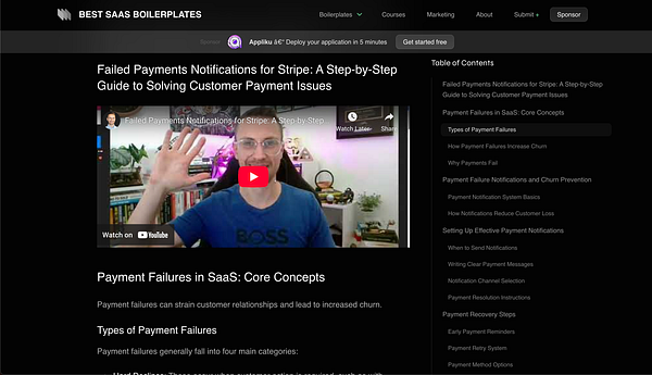 The image displays a blog post titled 'Failed Payments Notifications for Stripe' featuring a video and a detailed table of contents.