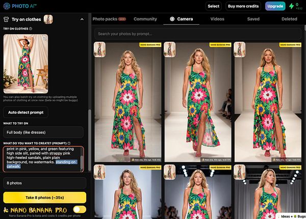 Photorealistic 3D render of a female avatar modeling clothes on a digital catwalk with voxel-style spectators and a showroom background.