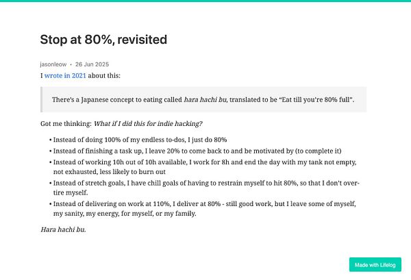 The image features a blog post discussing the concept of stopping at 80% completion in various tasks.