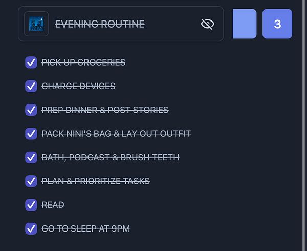A digital checklist for an evening routine with completed tasks.