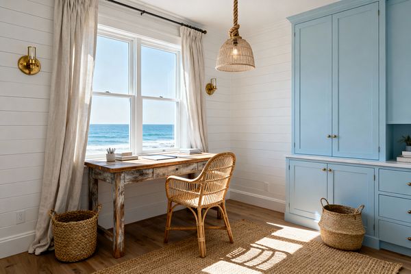 A bright home office overlooks the ocean through a double window, with a weathered reclaimed-wood desk centered below, a rattan chair, and linen curtains pooled on white shiplap walls. To the right, powder-blue Shaker built-ins with brass knobs and a white countertop provide storage, while a rope-hung rattan pendant, brass wall sconces, jute rug, woven baskets, and warm wood flooring add natural texture and a beach-inspired palette.