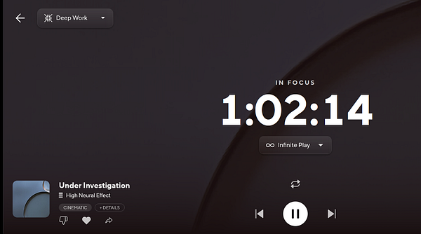 A music streaming interface displaying a track titled 'Under Investigation' with a timer for focused listening.