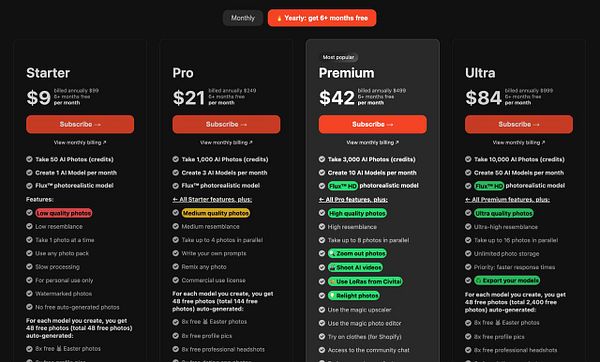 The image displays a pricing table for different subscription plans, highlighting features and costs.