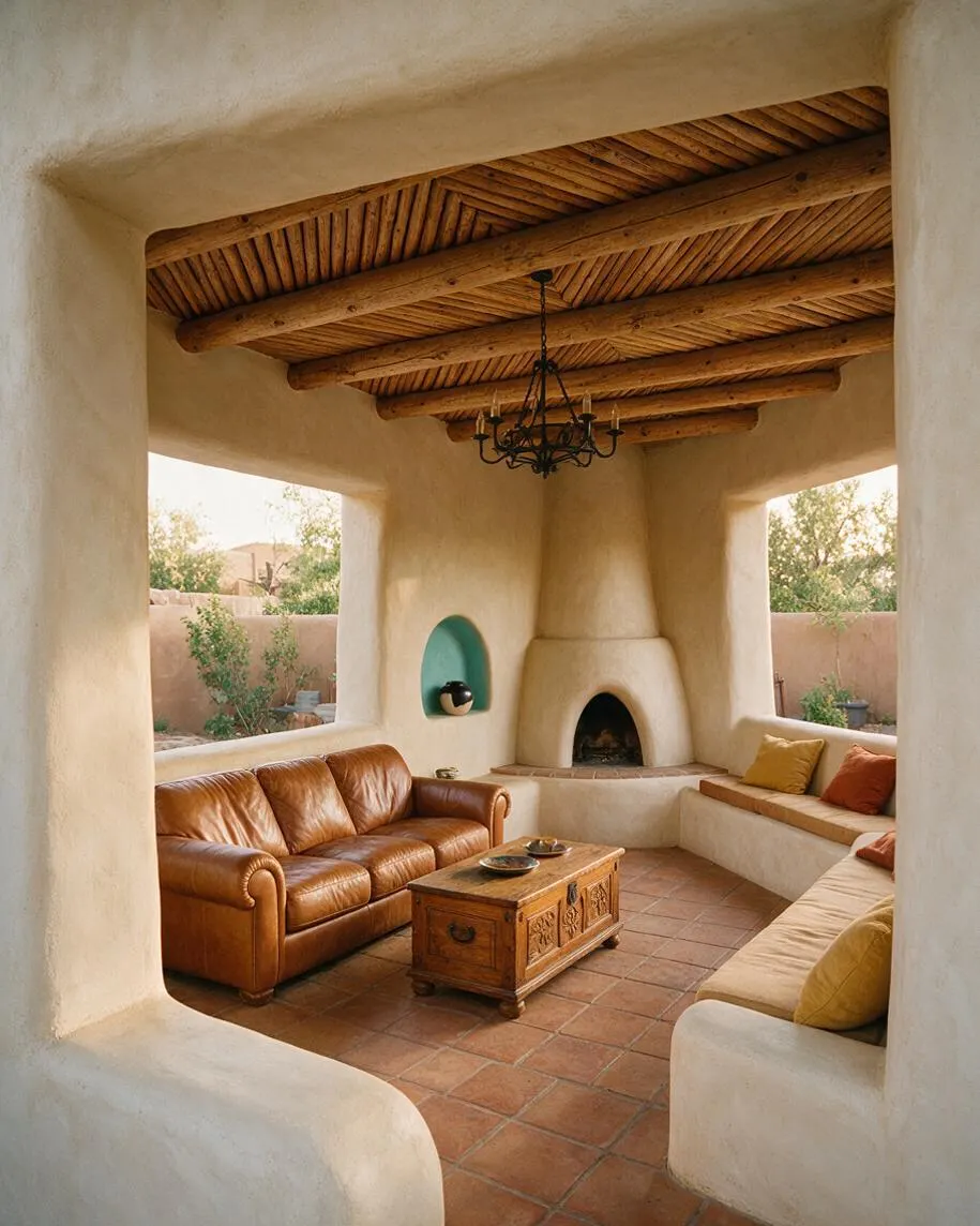 A Southwestern-style backyard patio with smooth adobe walls, a rustic wood beam ceiling, and a central curved fireplace. The seating area includes a brown leather sofa, built-in stucco benches with colorful pillows, terracotta floor tiles, and a carved wooden coffee table, with desert landscaping visible through open window-like wall openings.