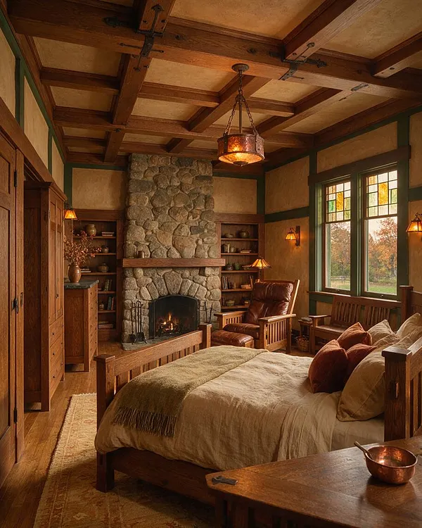 A cozy Craftsman-style bedroom with a wooden bed, beige bedding, a stone fireplace centered on the far wall, built-in bookshelves, and a leather lounge chair. Dark wood beams, stained glass windows, and amber lighting create a warm, rustic atmosphere.