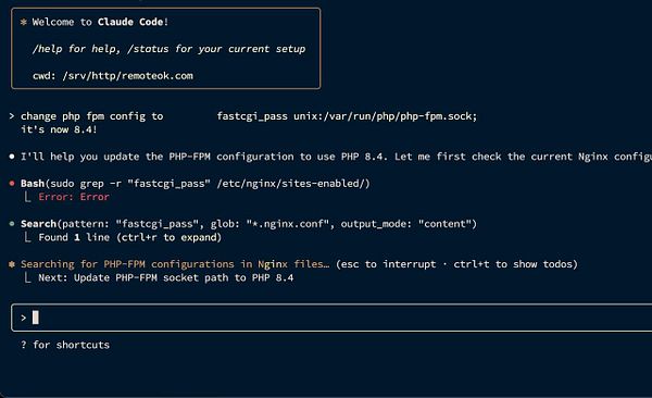 The image displays a terminal interface showing commands related to PHP-FPM configuration updates.