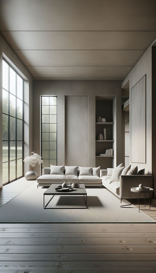 a living room with minimalist design, featuring a neutral color palette, simple furniture, and natural light streaming in through large windows.