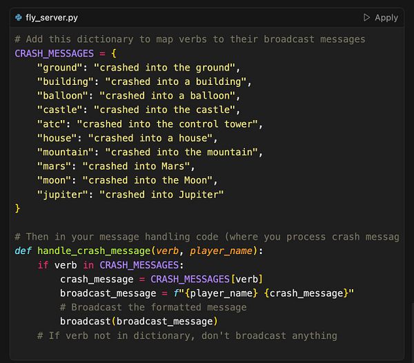 The image displays a Python code snippet for handling crash messages in a server application.