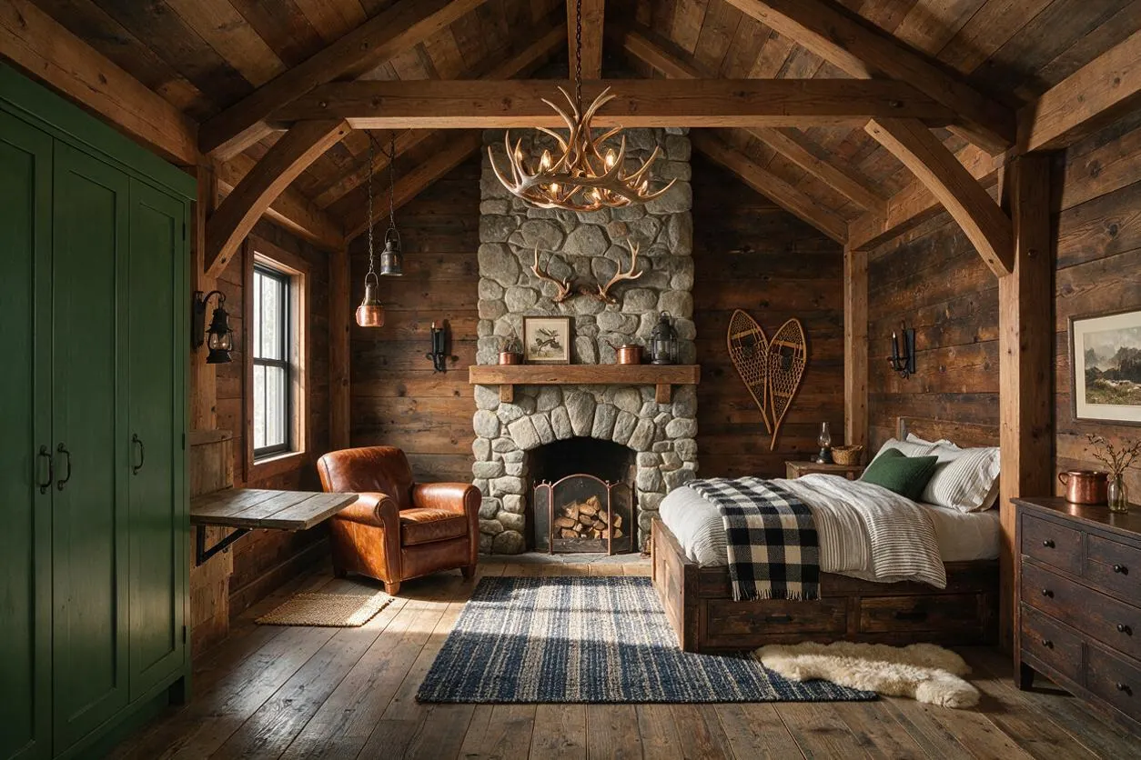 A rustic studio apartment with exposed wood plank walls and ceiling, a stone fireplace centered on the back wall, and a warm antler chandelier overhead. The room includes a wooden bed with plaid bedding, a leather armchair, a green wardrobe, and layered rugs on weathered plank floors.