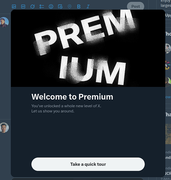 The image displays a welcome screen for a premium service on a social media platform.