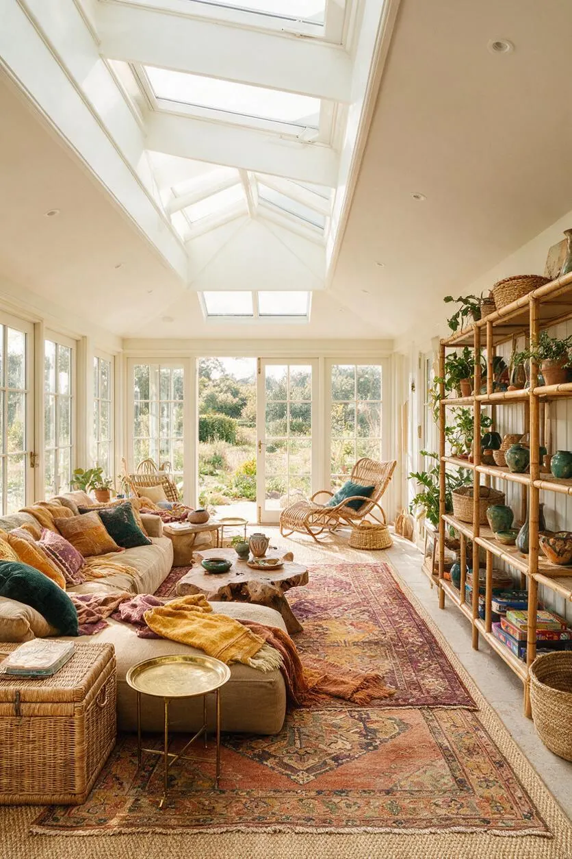 A bright sunroom with a large skylight, cream walls, and full-length glass doors opening to greenery outside. The room is furnished with a low sofa covered in colorful pillows and throws, woven rattan chairs, a wooden coffee table, layered vintage-style rugs, and tall bamboo shelving filled with plants, baskets, and pottery.