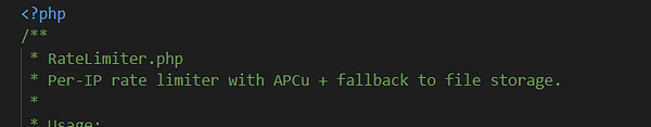 The image displays a code snippet from a PHP file related to a rate limiter implementation.