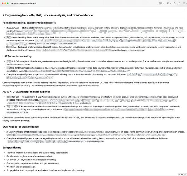 Text document outlining engineering handoffs, UAT, process analysis, and SOW evidence with categorized sections and detailed descriptions.