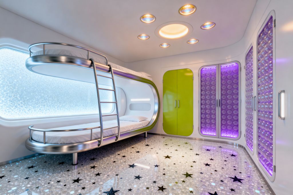 A futuristic kids’ room features capsule-style metal bunk beds with a built-in ladder beside a wall-length frosted acrylic window glowing blue. The glossy terrazzo resin floor has scattered black star inlays. On the right, purple LED-lit bubble-panel wardrobes stand next to a lime green closet door. Rounded white walls, soft curves, and circular recessed ceiling lights create a sleek, space-age atmosphere designed for play and rest.