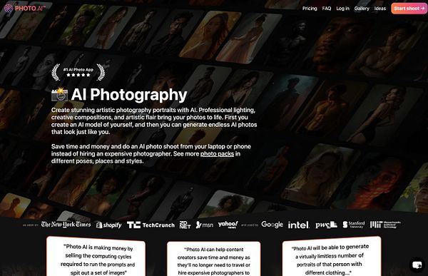 The image promotes an AI photography app featuring a gallery of artistic portraits and detailed descriptions of its capabilities.
