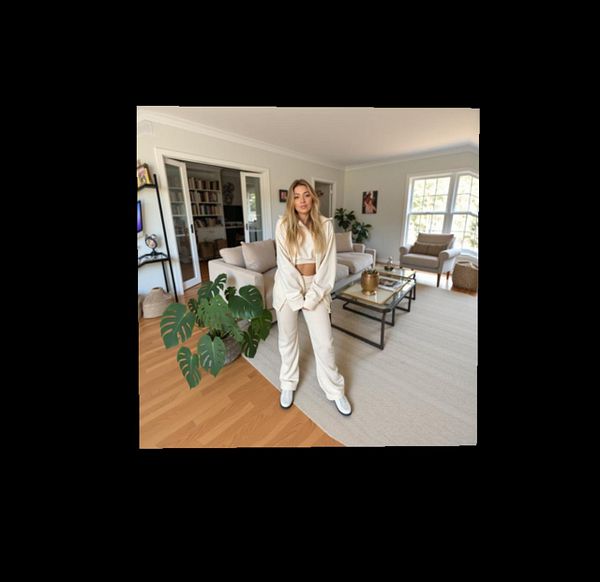 A woman stands in a stylish living room, wearing a matching cream outfit.