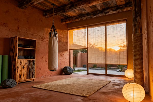 Minimalist home gym with terracotta clay-plaster walls and exposed reclaimed-wood beams, facing a large window shaded by bamboo blinds at sunset. A canvas punching bag hangs from a steel chain over a jute rug. To the left, a knotty wood cabinet holds towels, dumbbells, and yoga gear, with green mats nearby. Lava stones sit on the floor, a column is wrapped in rope, and two round paper lanterns cast a warm glow.