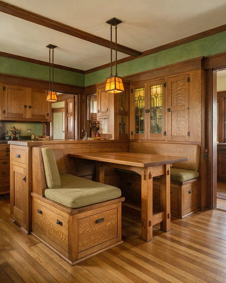 A Craftsman-style kitchen with rich wood cabinetry, a built-in banquette dining nook, and a rectangular wood table. Amber pendant lights hang over green upper walls, while stained glass cabinet doors and hardwood floors add period character.