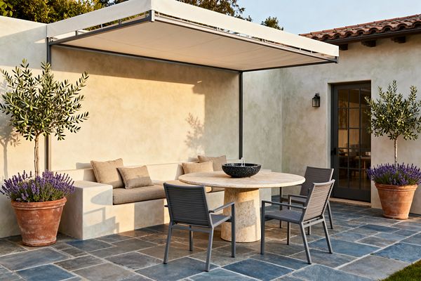 A transitional outdoor patio shows a built-in stucco bench with taupe cushions beneath a slim charcoal metal canopy with an ivory fabric shade. A round travertine pedestal table with a small black stone fountain is paired with gray metal dining chairs on blue-gray bluestone pavers. Terracotta planters hold lavender and small olive trees, and a dark grid-framed door with a wall lantern opens to the house.