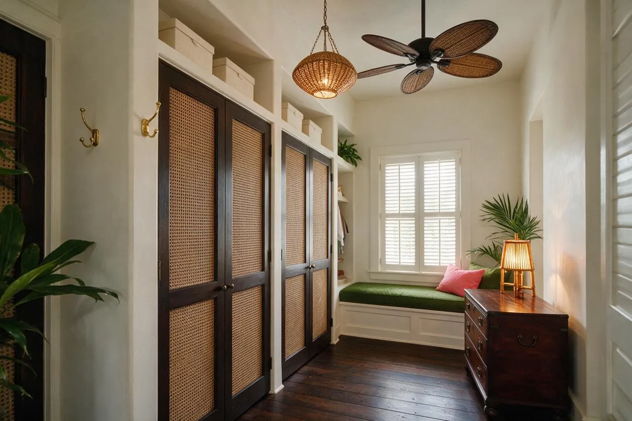 A narrow tropical-style closet with dark wood sliding doors inset with woven cane panels, white built-in shelving, and a green cushioned bench under a window with shutters. The space includes a wicker pendant light, a palm-shaped ceiling fan, a dark wood dresser, and leafy plants that add a relaxed resort feel.