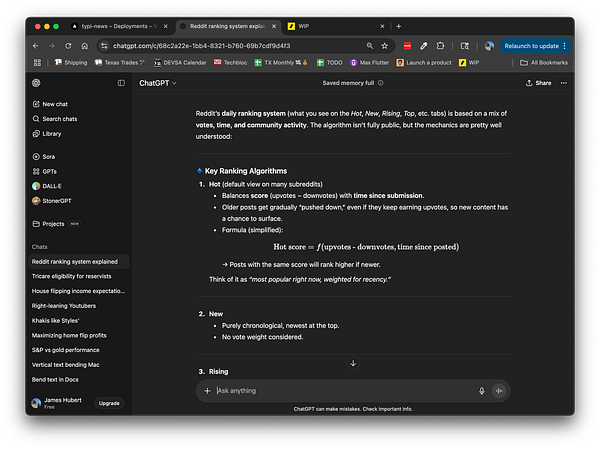 The image displays a ChatGPT interface discussing Reddit's ranking system.