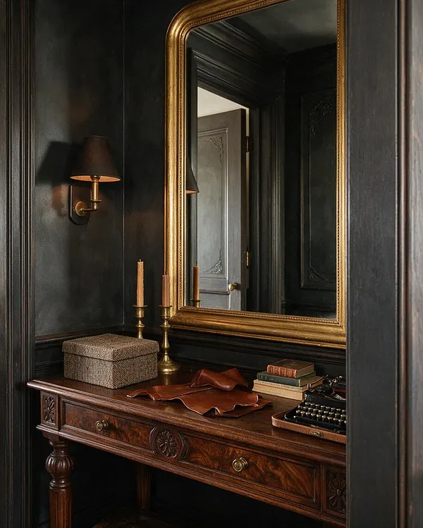 A dark academia entryway with black paneled walls, a large gold-framed mirror, and a carved wooden console table. Brass wall sconces, candlesticks, stacked books, a textured lidded box, and leather accessories create a moody, scholarly atmosphere.